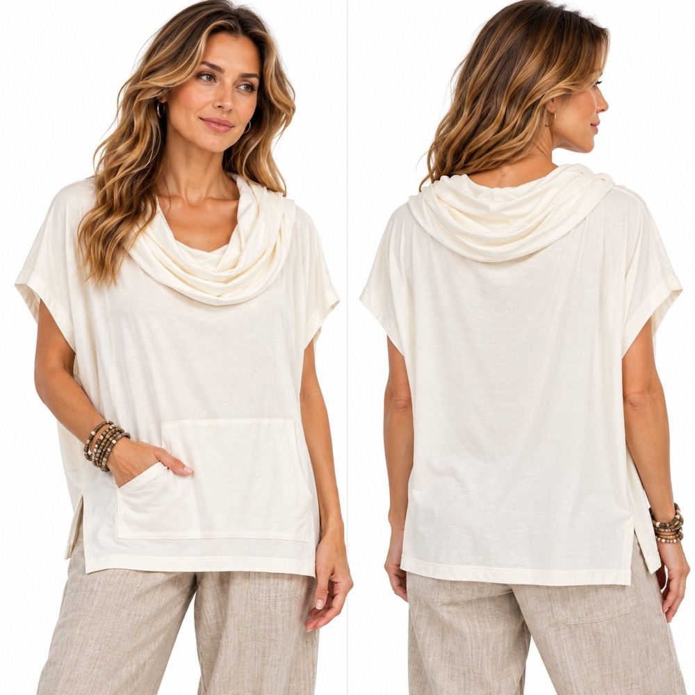 Bryn Walker Bamboo Organic Cotton Pocket Poncho Top M Cream Lagenlook Cowl Neck